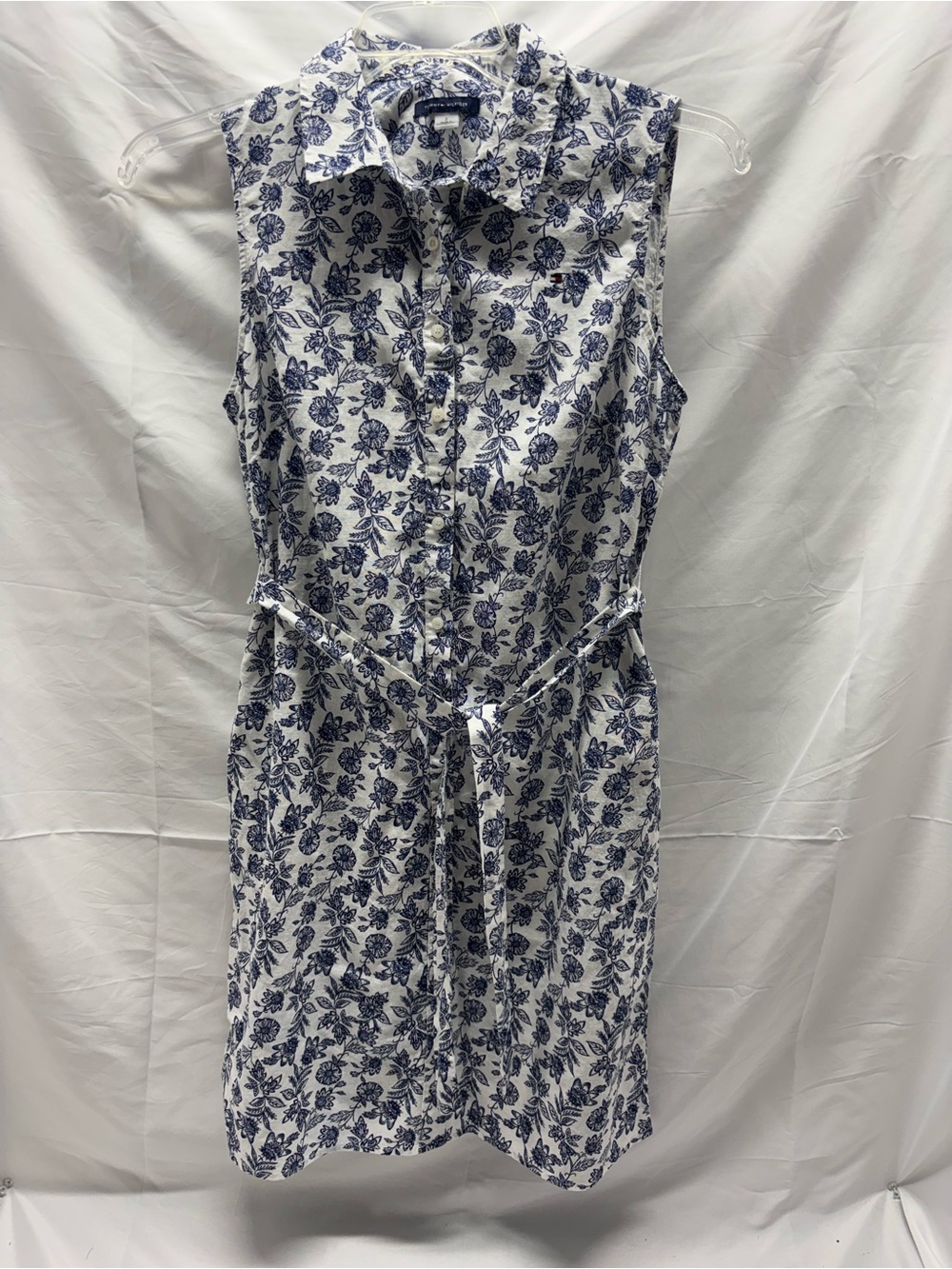 Tommy Hilfiger Linen Blend Floral Blue/White Sleeveless Shirt Dress Belted Sz 8